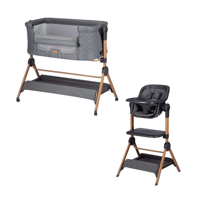 Patut co-sleeper si scaun inalt, FreeON, Nest&Feed, 2 in 1, Cu laterala culisanta si roti, Cu raft, Transformabil in scaun de masa, Pana la 9 kg, respectiv, 15 kg, Cu tavita detasabila, Reglabil pe inaltime, 0 luni+, Grey