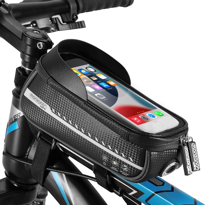 Geanta bicicleta cu suport pentru telefon, Monzana, cumpartiment interior 0.85 l, din poliuretan, impermeabial, 20 x 11, 5 x 11 cm