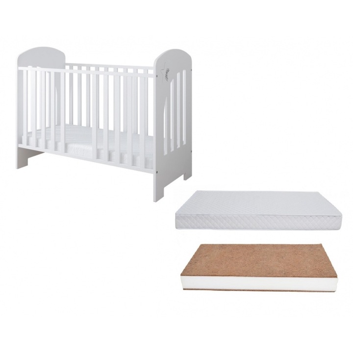 Set Patut din lemn cu somiera reglabila si margine din silicon Little Star White + Saltea cocos 10 cm
