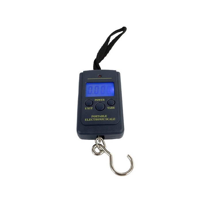 Cantar carlig de buzunar de pana la 40 kg, suspendat, cu carlig, pescuit, afisaj LCD albastru, functie tara, schimbare unitati, mic, alimentat cu baterie, precizie pana la 10 g, functie de oprire automata, trei butoane, HDWR wagPRO- H40