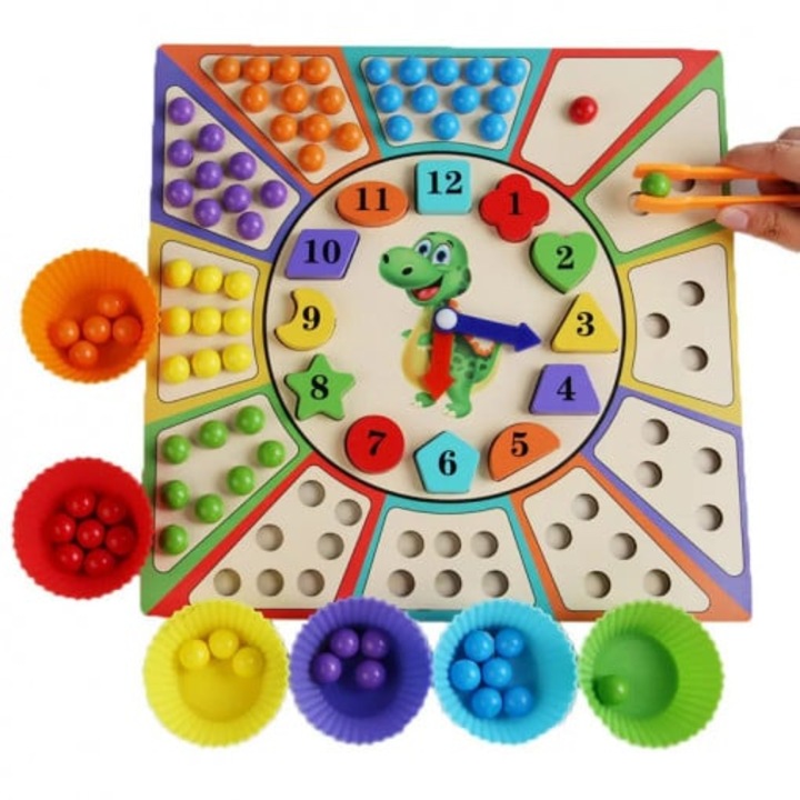 Joc educational multifunctional pentru copii, motricitate, asociere, invata ceasul si sorteaza culorile, Montessori, multicolor, 3+