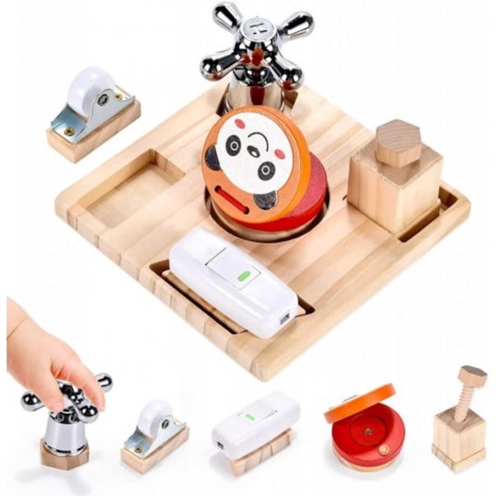 Joc de tip Montessori cu 5 activitati, Busy Bord cu robinet, 3 ani+