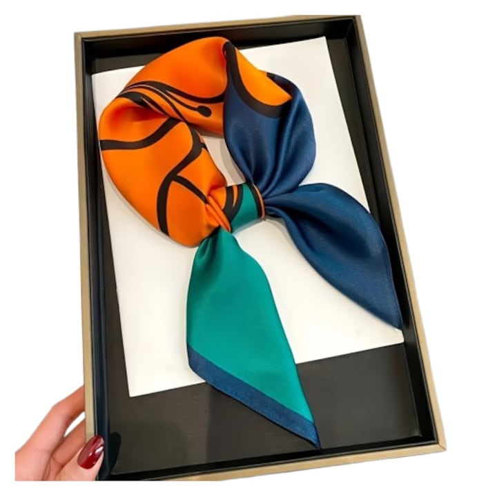 Esarfa eleganta cu imprimeu floral, office, 70 cm, floare portocalie