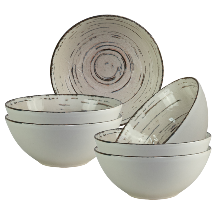 Set 6 boluri, 600 ml, Stone, Cesiro, Alb Ivoire cu linii maro