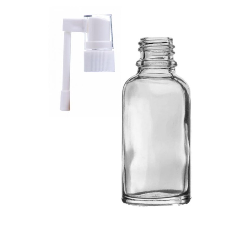 Recipient din sticla groasa pentru uleiuri esentiale cu mecanism pulverizator tip spray pentru gat 15 ml, transparent