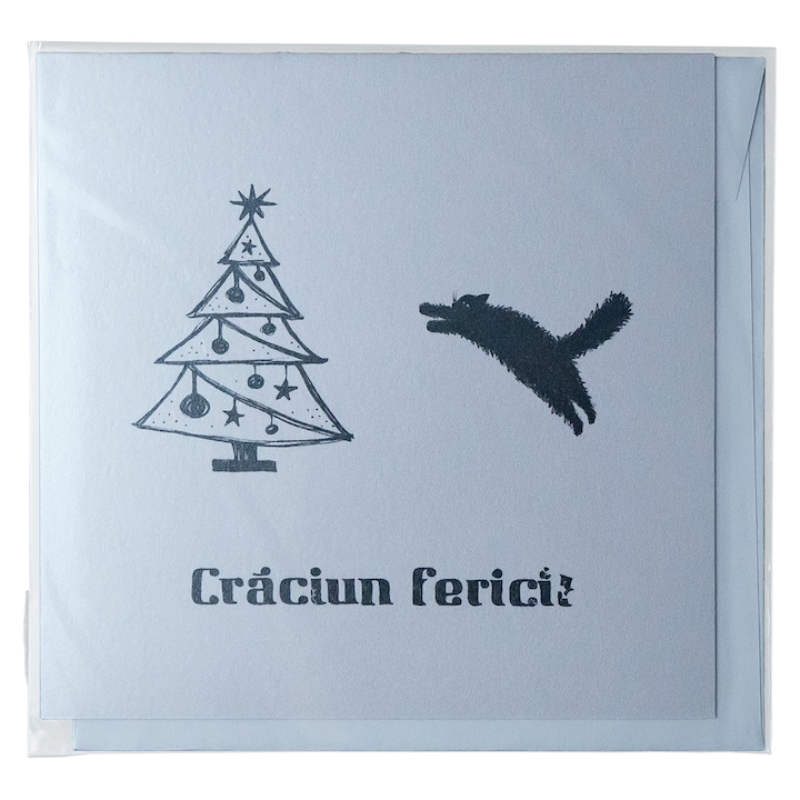 Felicitare cu Plic, Craciun Fericit, Pisica Vs Brad, Carton Metalizat Glitter, 15x15 cm