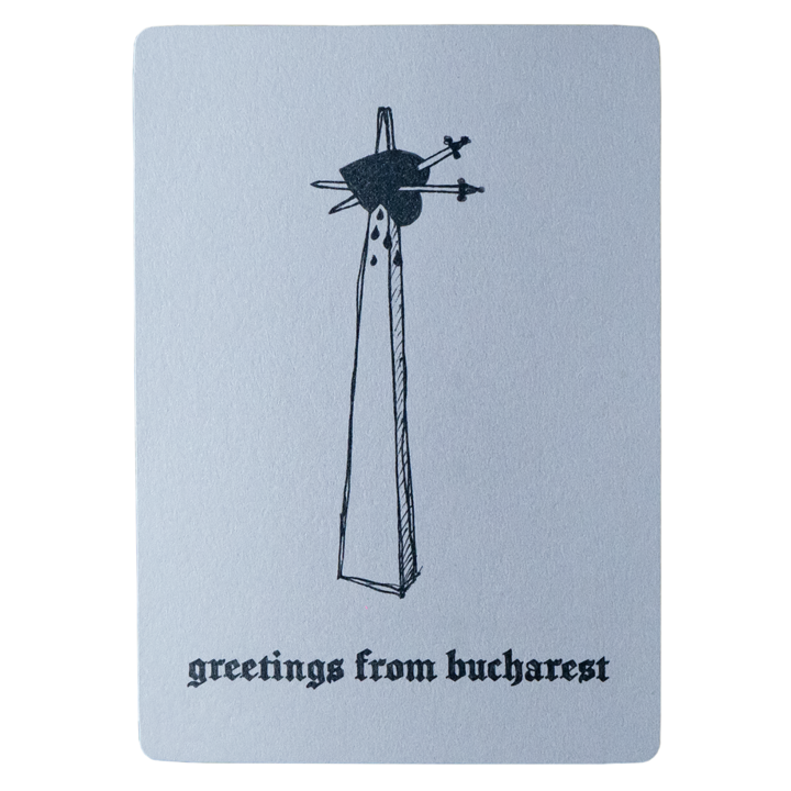 Carte Postala Bucuresti, Greetings From Bucharest, Ilustratie Cartof (Memorialul Renasterii), Carton Metalizat Glitter, 10x15 cm