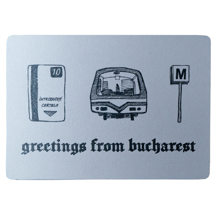 Carte Postala Bucuresti, Greetings From Bucharest, Ilustratii Metrou, Carton Metalizat Glitter, 10x15 cm