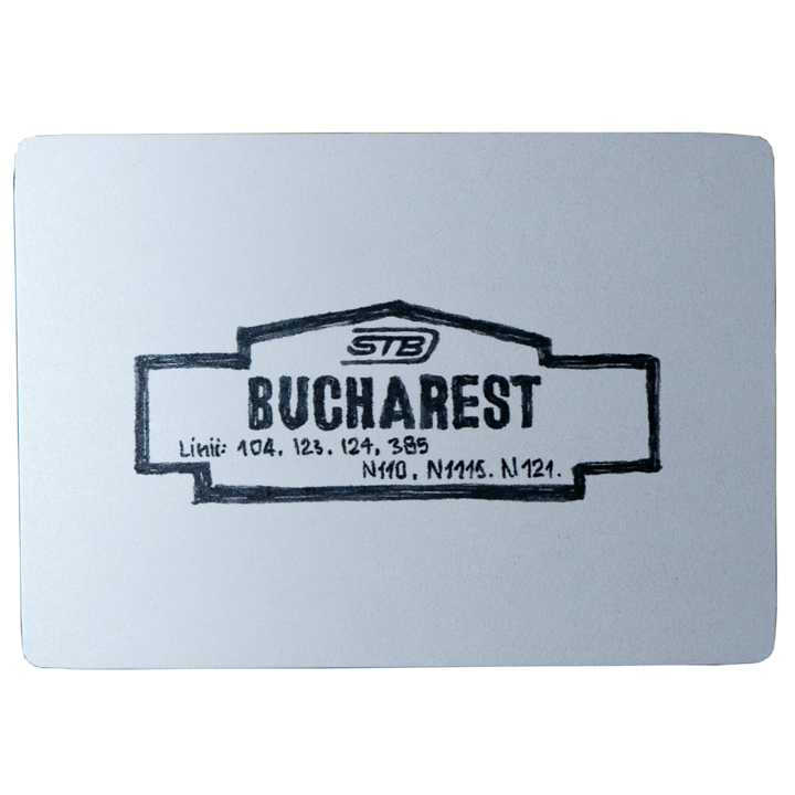 Carte Postala Bucuresti, Ilustratie Statie Autobuz, Carton Metalizat Glitter, 10x15 cm