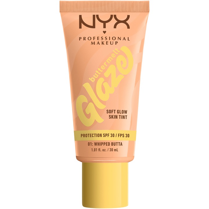Fond de ten cu formula lejera si efect stralucitor NYX PM Buttermelt Glaze Tint, contine SPF 30, 1W Whipped Butta, 30 ml