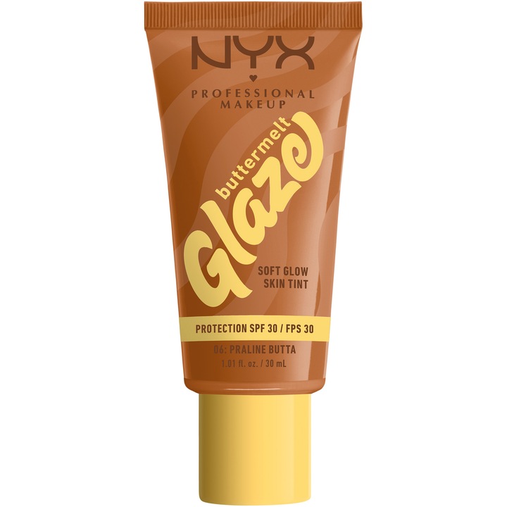 Fond de ten cu formula lejera si efect stralucitor NYX PM Buttermelt Glaze Tint, contine SPF 30, 6W Praline Butta, 30 ml