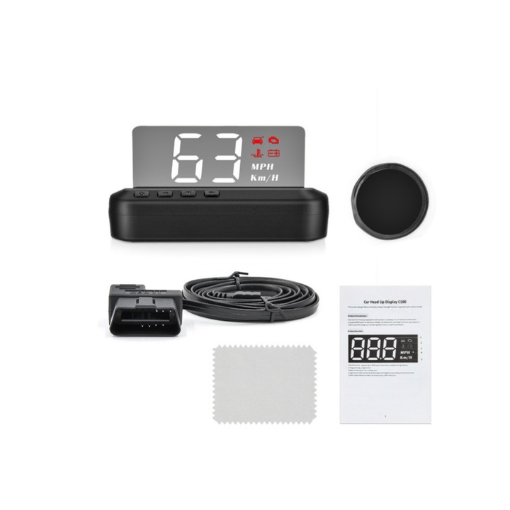 Head Up Display idealSTORE Universal, Alarma, Indica viteza, Temperatura apei, Kilometraj per calatorie, Tensiune, Dimensiune ecran 3 inch