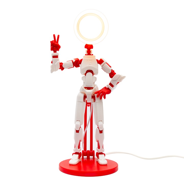 Lampa Robot R13, Alb-Rosu, LED, 33cm, plastic biodegradabil, imprimat 3D, alimentator 5V inclus