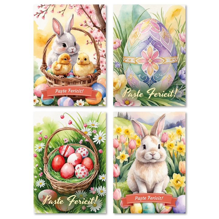 Set 4 Felicitari de Paste duble, Cu plicuri, Ilustratiii de Pasti, 100 x 140 mm