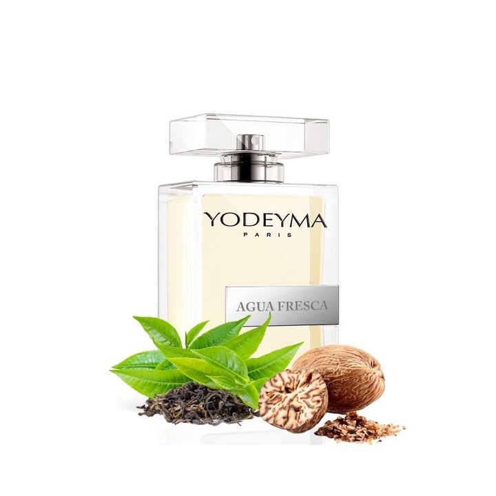 Yodeyma Agua Fresca Eau de Parfum férfiaknak, zöld tea, őrölt dió és szilva moha árnyalatai, a természetes frissességet földes árnyalatokkal és az elegancia finom jegyeivel ötvözi, 100 ml