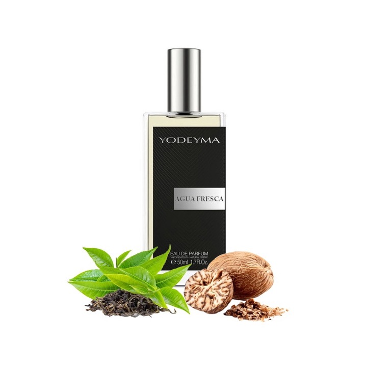 Yodeyma Agua Fresca Eau de Parfum férfiaknak, zöld tea, őrölt dió és szilva moha árnyalatai, a természetes frissességet földes árnyalatokkal és az elegancia finom jegyeivel ötvözi, 50 ml