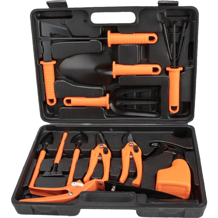 Set 12 accesorii pentru gradinarit Cyrax, geanta depozitare inclusa, otel inoxidabil, 37 x 27 cm, portocaliu