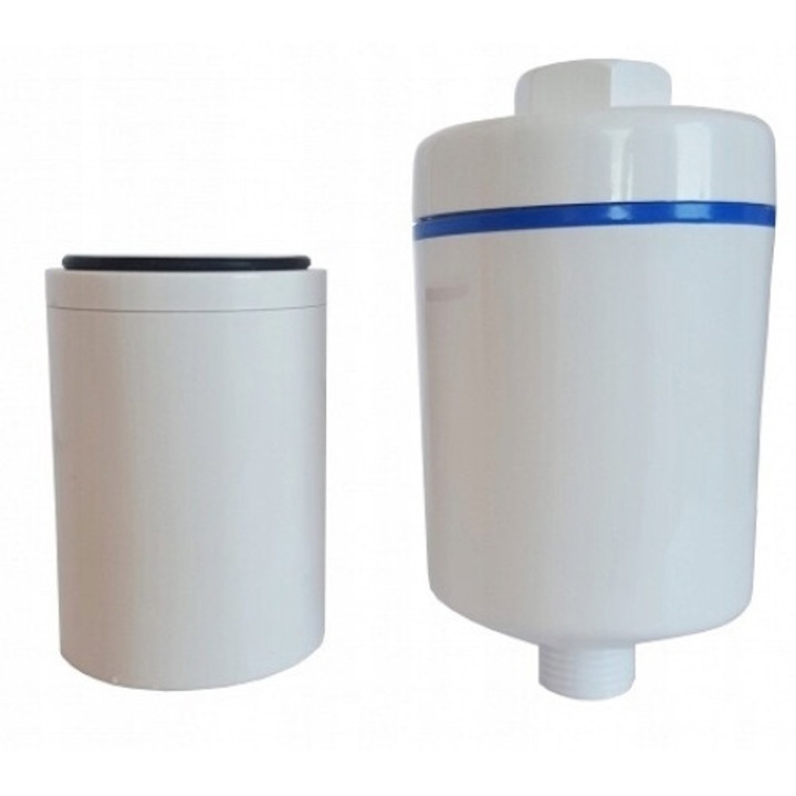 Filtru de dus cu carbon activ si depozit KDF, HFSHW GREEN FILTER, Alb, Indeparteaza clorul liber din apa, precum si concentratiile de metale grele precum arsenic, plumb, cadmiu si mercur, 5000l