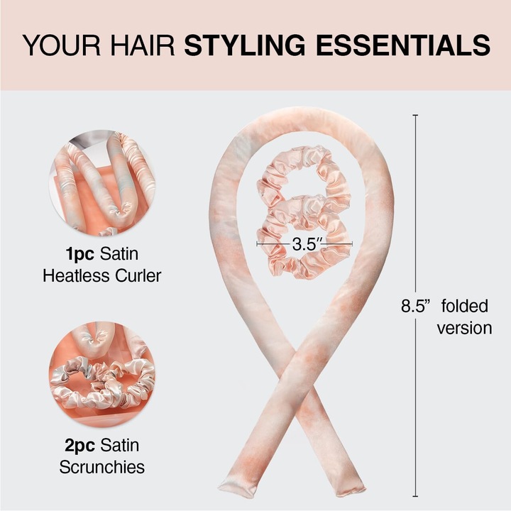 Szatén hajcsavarók szett hőmentes hajgöndörítéshez, 3 db, ásványi rózsaszín, 3 cm átmérőjű
