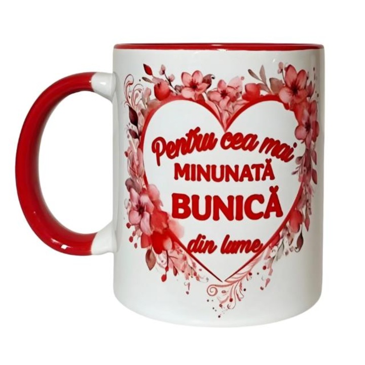 Cana personalizata cu mesaj pentru Bunica, alba cu interior si maner rosu, ceramica, 330 ml