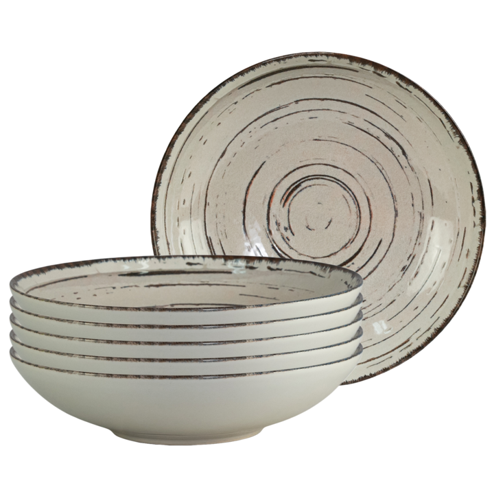 Set 6 farfurii adanci, 21 cm, Stone, Cesiro, Alb Ivoire cu linii maro