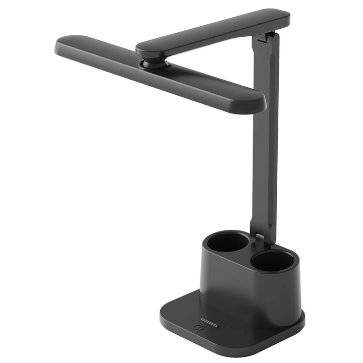 Lampa de birou LED Polux, neagra, 3 trepte de intensitate, cu suport pentru telefon, 38x28x32cm