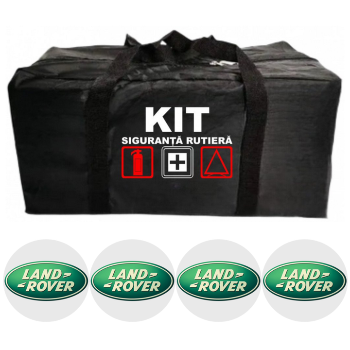 Geanta depozitare pentru kit siguranta rutiera cu 4 stickere autoadezive LAND ROVER, material rezistent, dimensiuni optime