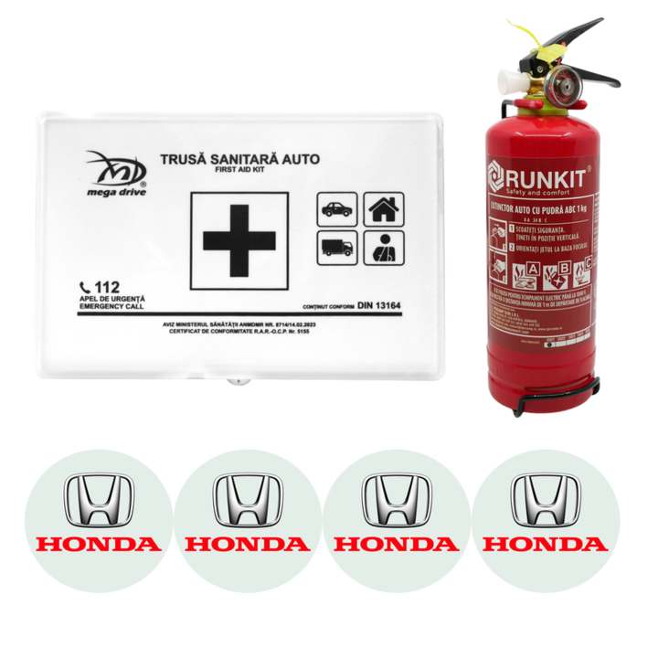Kit siguranta trusa medicala + stingator omologate R.A.R, Trusa medicala omologata, Stingator cu manometru tip P1 1kg si 4 stickere autoadezive HONDA