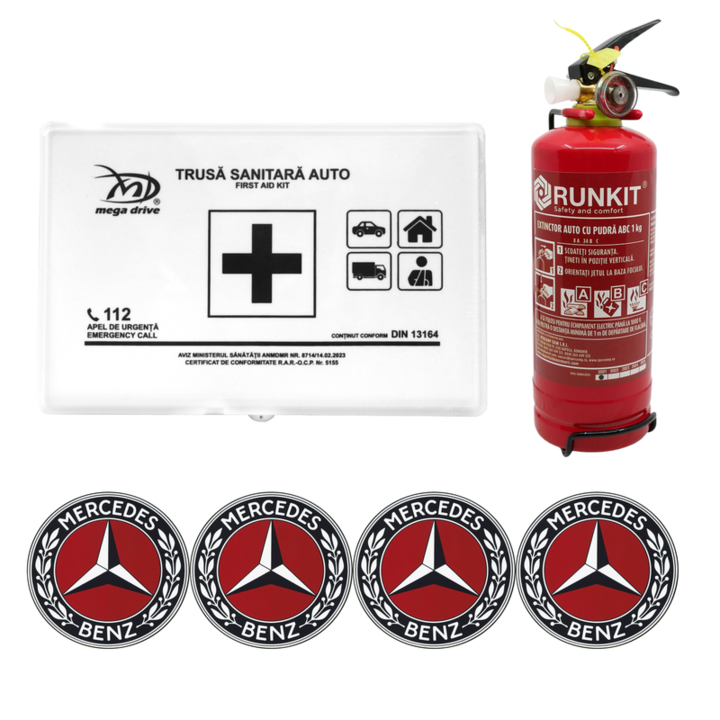Kit siguranta trusa medicala + stingator omologate R.A.R, Trusa medicala omologata, Stingator cu manometru tip P1 1kg si 4 stickere autoadezive MERCEDES