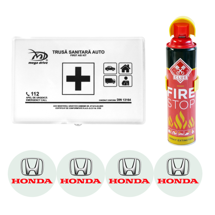 Kit siguranta trusa medicala + stingator, Trusa medicala omologata, Stingator tip spray FIRE STOP 1000ml si 4 stickere autoadezive HONDA