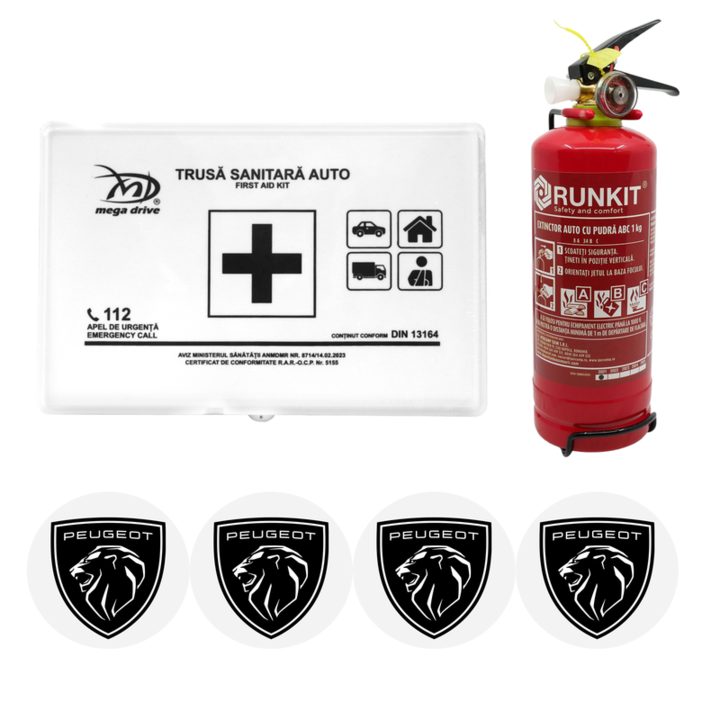 Kit siguranta trusa medicala + stingator omologate R.A.R, Trusa medicala omologata, Stingator cu manometru tip P1 1kg si 4 stickere autoadezive PEUGEOT