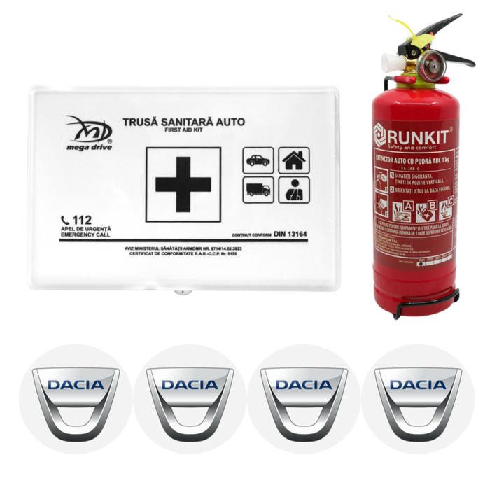 Kit siguranta trusa medicala + stingator omologate R.A.R, Trusa medicala omologata, Stingator cu manometru tip P1 1kg si 4 stickere autoadezive DACIA