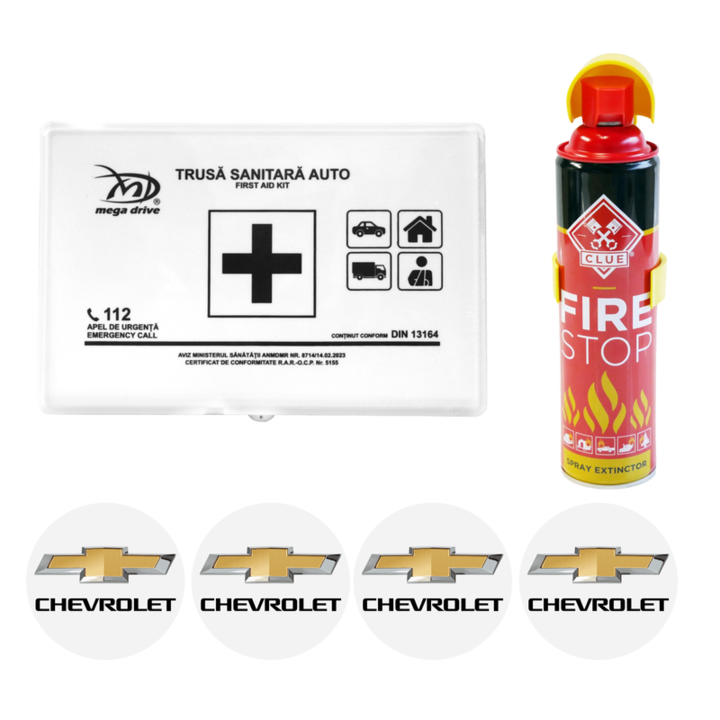 Kit siguranta trusa medicala + stingator, Trusa medicala omologata, Stingator tip spray FIRE STOP 1000ml si 4 stickere autoadezive CHEVROLET