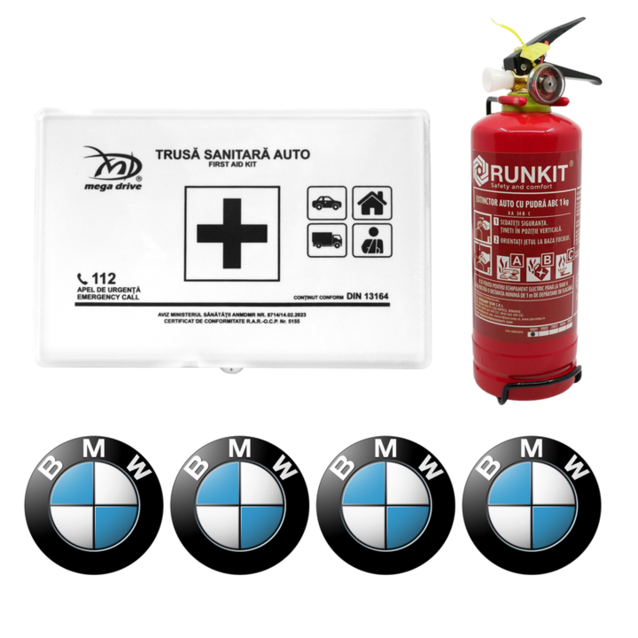 Kit siguranta trusa medicala + stingator omologate R.A.R, Trusa medicala omologata, Stingator cu manometru tip P1 1kg si 4 stickere autoadezive BMW