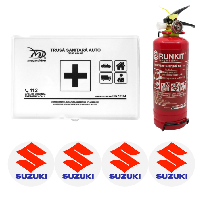 Kit siguranta trusa medicala + stingator omologate R.A.R, Trusa medicala omologata, Stingator cu manometru tip P1 1kg si 4 stickere autoadezive SUZUKI
