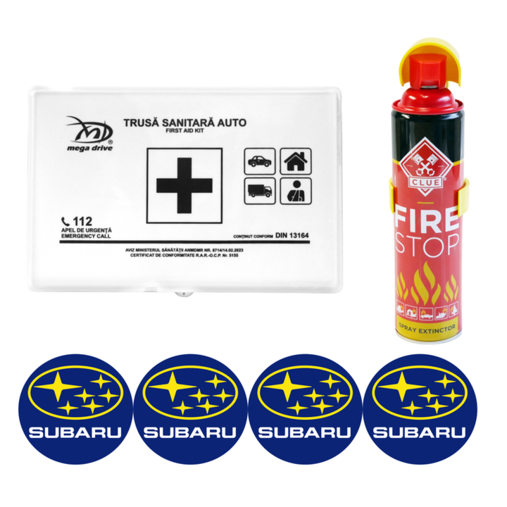 Kit siguranta trusa medicala + stingator, Trusa medicala omologata, Stingator tip spray FIRE STOP 1000ml si 4 stickere autoadezive SUBARU