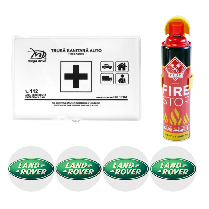 Kit siguranta trusa medicala + stingator, Trusa medicala omologata, Stingator tip spray FIRE STOP 1000ml si 4 stickere autoadezive LAND ROVER