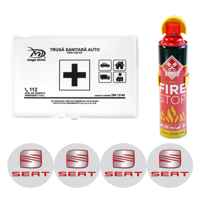 Kit siguranta trusa medicala + stingator, Trusa medicala omologata, Stingator tip spray FIRE STOP 1000ml si 4 stickere autoadezive SEAT