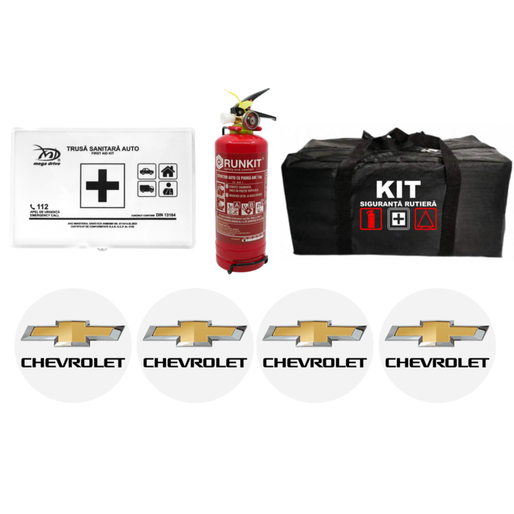 Kit Trusa siguranta rutiera auto omologat R.A.R, Stingator cu manometru P1, Trusa Medicala, si 4 stickere autoadezive CHEVROLET