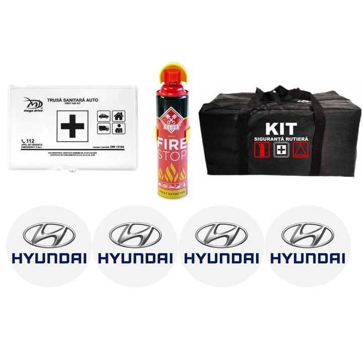 Kit Trusa siguranta rutiera auto, Stingator tip spray FIRE STOP, Trusa Medicala, si 4 stickere autoadezive HYUNDAI