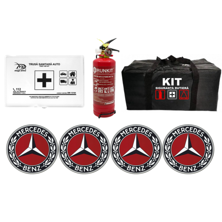 Kit Trusa siguranta rutiera auto omologat R.A.R, Stingator cu manometru P1, Trusa Medicala, si 4 stickere autoadezive MERCEDES