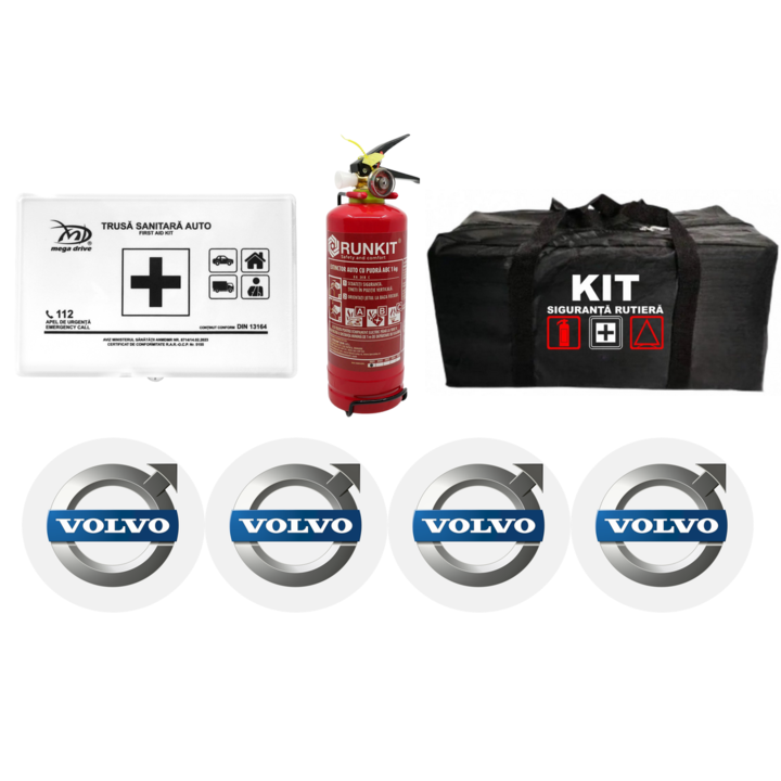 Kit Trusa siguranta rutiera auto omologat R.A.R, Stingator cu manometru P1, Trusa Medicala, si 4 stickere autoadezive VOLVO