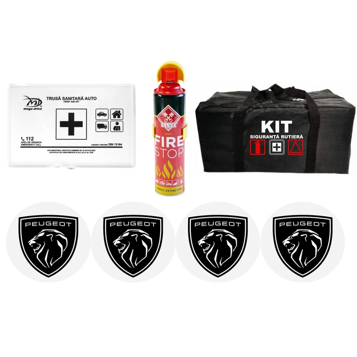 Kit Trusa siguranta rutiera auto, Stingator tip spray FIRE STOP, Trusa Medicala, si 4 stickere autoadezive PEUGEOT