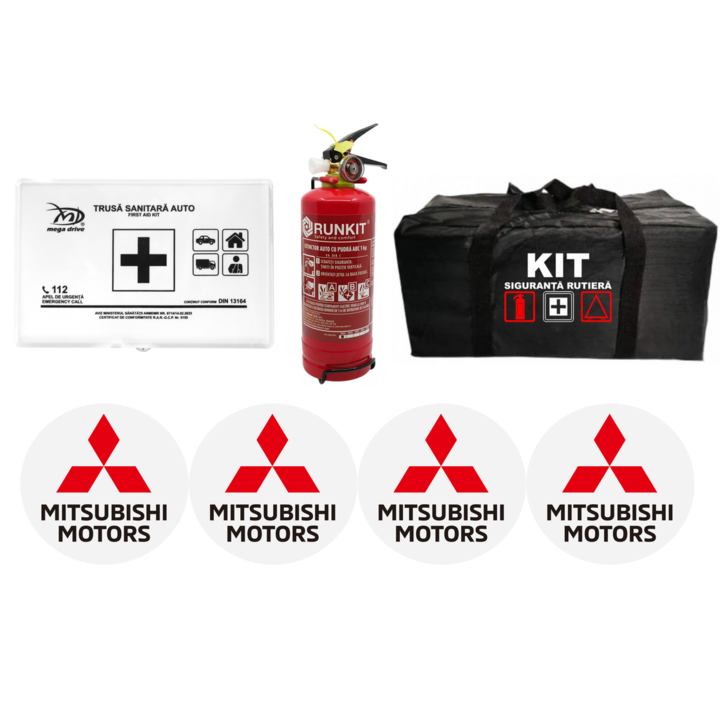 Kit Siguranta Rutiera Auto, Trusa Medicala Omologata R.A.R, Stingator P1 1 kg, 4 Stickere Autoadezive, Geanta Depozitare