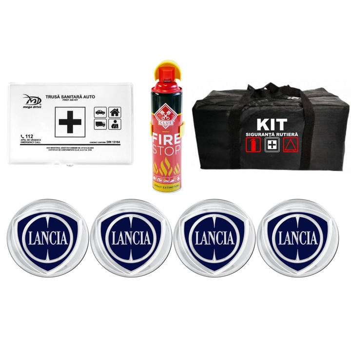 Kit Trusa siguranta rutiera auto, Stingator tip spray FIRE STOP, Trusa Medicala, si 4 stickere autoadezive LANCIA