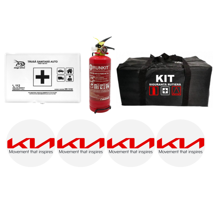 Kit Siguranță Rutieră Auto, Trusă Medicală Omologată R.A.R., Stingător P1 cu Manometru, 4 Stickere Autoadezive, Geantă Depozitare