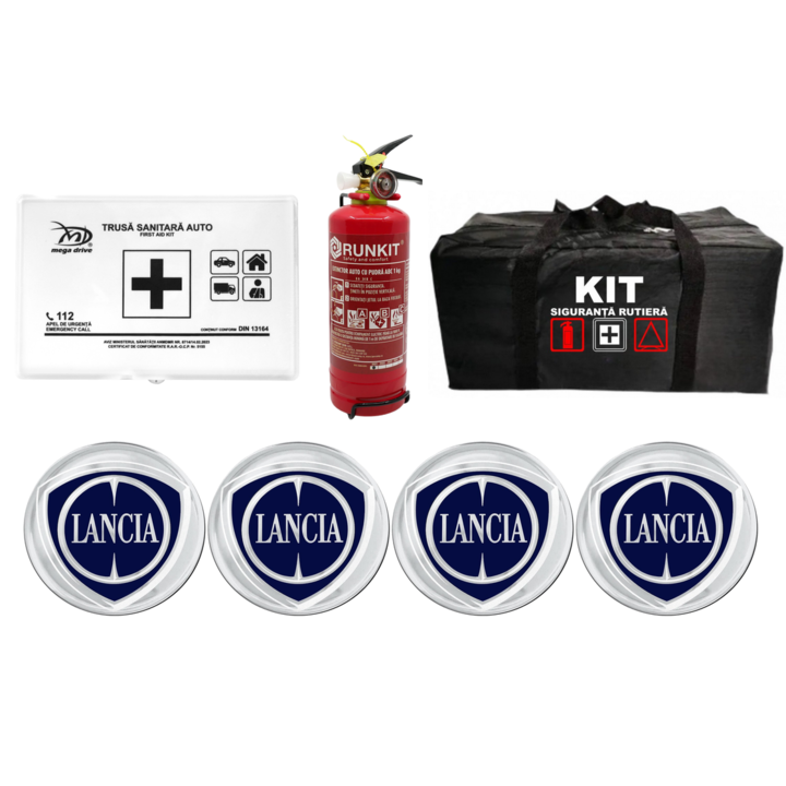 Kit Siguranta Rutiera Auto RUNKIT, Trusa Medicala R.A.R, Stingator P1, 4 Stickere Autoadezive, Geanta Depozitare