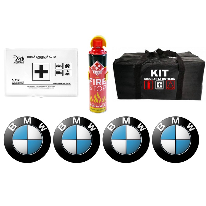 Kit Trusa siguranta rutiera auto, Stingator tip spray FIRE STOP, Trusa Medicala, si 4 stickere autoadezive BMW
