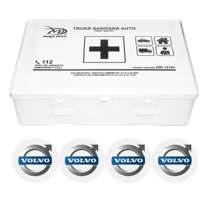 Set trusa medicala auto omologata R.A.R pentru siguranta rutiera si 4 stickere autoadezive VOLVO