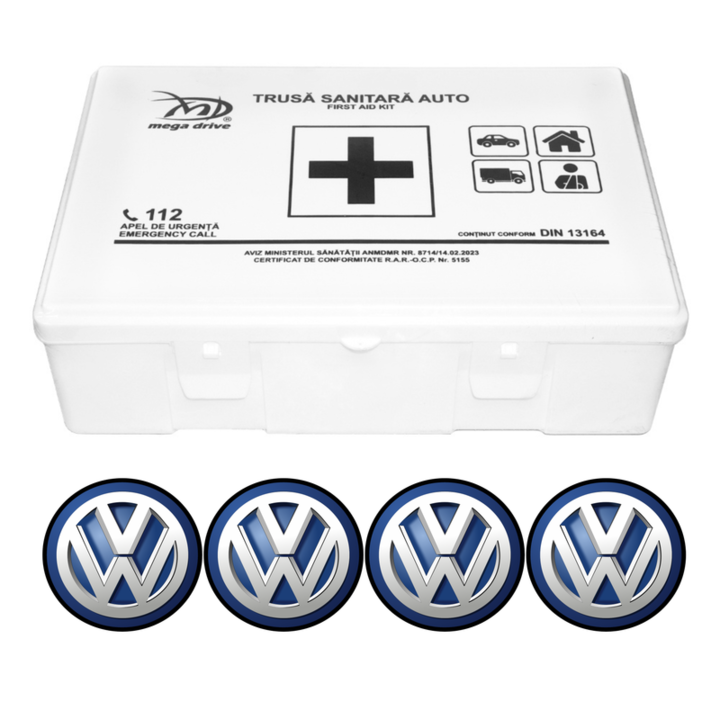 Set trusa medicala auto omologata R.A.R pentru siguranta rutiera si 4 stickere autoadezive VOLKSWAGEN
